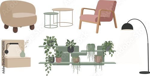 Cozy Living Room Furniture Vector Set with Stylish Armchairs, Nesting Tables, Floating Plant Shelves, and Illuminated Floor Lamps for Interior Home Decor Designs