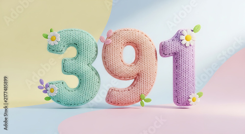 Charming knitted numbers '391' in pastel green, pink, and purple, decorated with small flowers and leaves on a soft background.