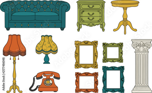 Vintage Antique Furniture and Home Decor Vector Element Set with Chesterfield Sofa, Retro Telephone, Classic Lamps, Picture Frames, and Roman Column