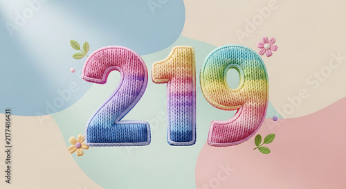 Cozy Knitted Numbers 219 in Pastel Rainbow Colors with Daisy and Leaf Embellishments