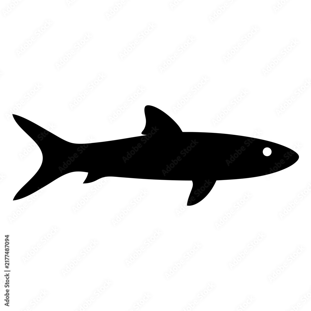 Fototapeta premium Black silhouette shark swimming - A sleek black silhouette of a shark swimming effortlessly in a clean, minimalist style. Perfect for marine, underwater, or adventure-themed projects.