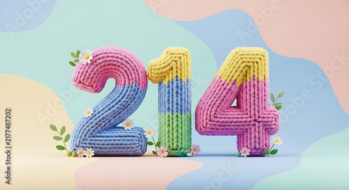 Chunky knitted number 214 in pastel shades with cute daisy and rose floral decorations.