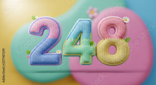Knitted numbers 248 in pastel pink, blue, green, and yellow with soft floral details.