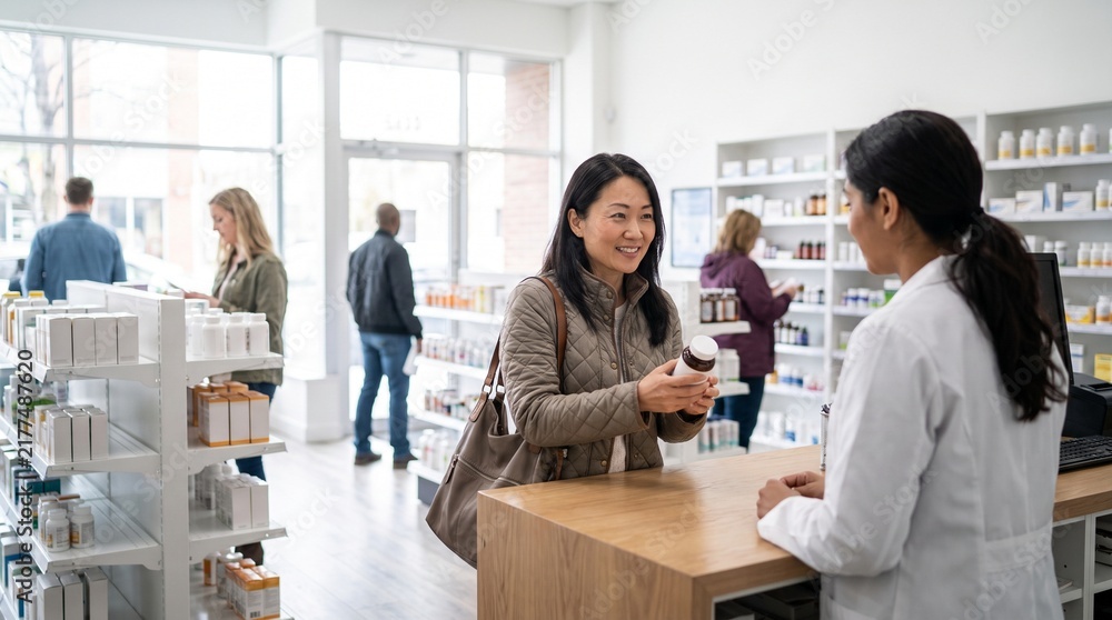 Fototapeta premium Customer consults with pharmacist at checkout counter holding a bottle of medication in a modern pharmacy