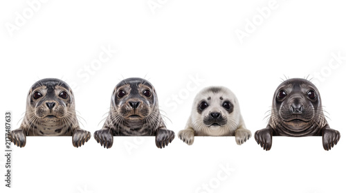 Konstfotografi Four cute baby seals with expressive faces peeking over a surface png on isolate