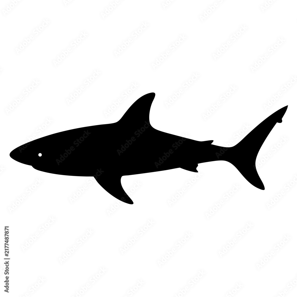 Fototapeta premium Black shark silhouette swimming graphic - A sleek black silhouette of a shark swimming, perfect for marine or nature-themed projects, vector style.