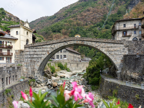 PONT SAINT MARTIN, ITALY Ancient Roman bridge across Lys river in the historic village