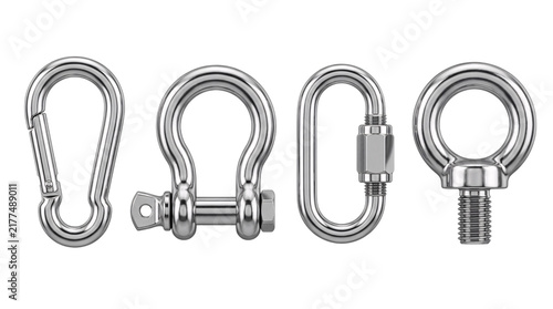 Foto Four silver metal rigging hardware pieces including carabiner and shackles on pn