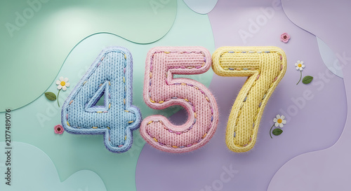 Soft knitted numbers 457 in pastel hues of blue, pink, and yellow, decorated with daisies and leaves on a gentle wavy background