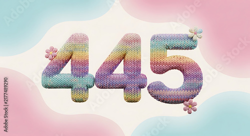 Playful knitted numbers 445 in a soft rainbow pastel palette, decorated with charming flowers and leaves on a light background