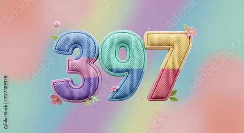 Knitted numbers 397 in soft pastel blocks of blue, green, pink, and yellow, decorated with flowers and leaves on a vibrant background