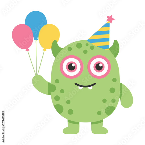 Green monster with party hat holding colorful balloons on white background