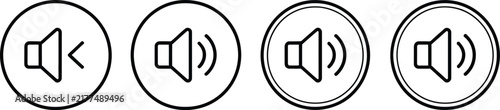 Speaker, volume icon set, circle line design, level sound button symbols, audio control, volume adjustment, media interface, isolated on white background.