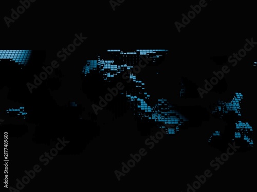 Принти на полотні Dark Blue Voxel World Map and Cyber Landscape Disintegration Abstract Background