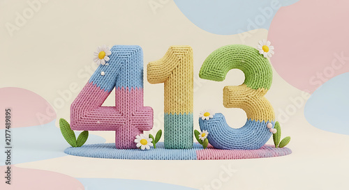 Charming knitted numbers 413 in pastel pink, blue, yellow, and green with tiny daisy flowers and leaves, set on a light, wavy background