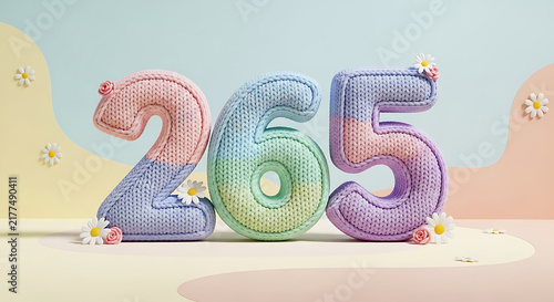 Soft pastel knitted numbers 265 with cheerful flowers and gentle curves, ideal for warm, inviting design themes