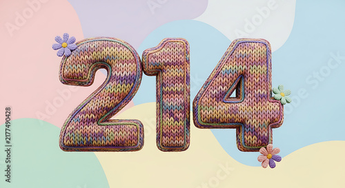 Charming knitted number 214 with pastel floral decorations on a soft background, perfect for celebration or design projects