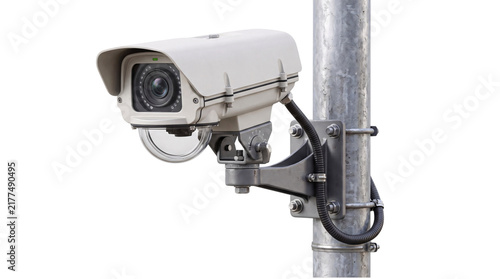 фотографія White outdoor security camera mounted on a metal pole with black cable png on is