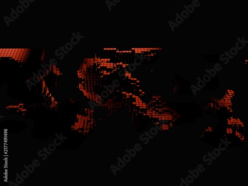Obraz na plátne Dark Red Voxel World Map and Cyber Landscape Disintegration Abstract Background