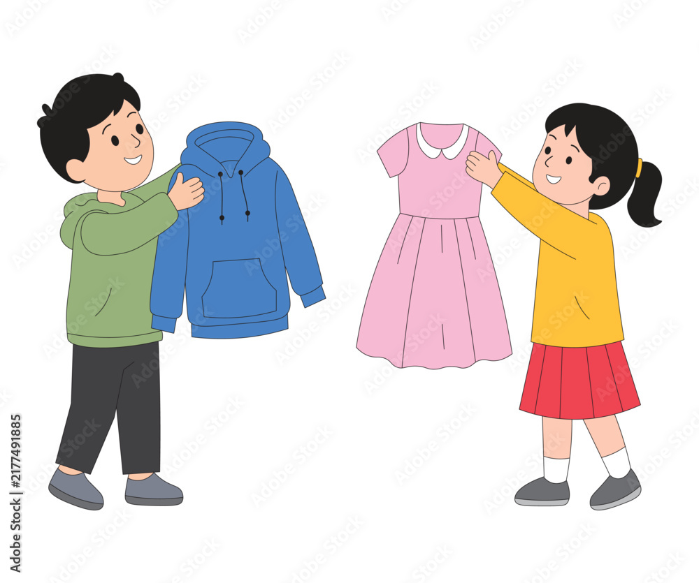 Obraz premium Cute Children Donating and Sharing Clothes with Each Other, Boy and Girl Giving Clothes for Charity and Helping Others, Kindness, Donation and Community Support Concept Vector Illustration.