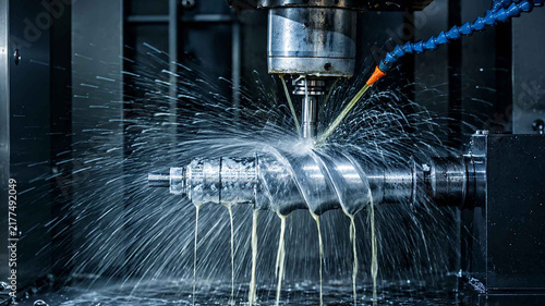 Fotografie Industrial CNC machining of metal components with coolant spray in manufacturing