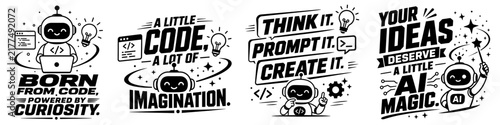 Creative collection of monochrome AI and coding typography illustrations featuring robots, light bulbs, code symbols, creativity concepts, and motivational technology quotes.