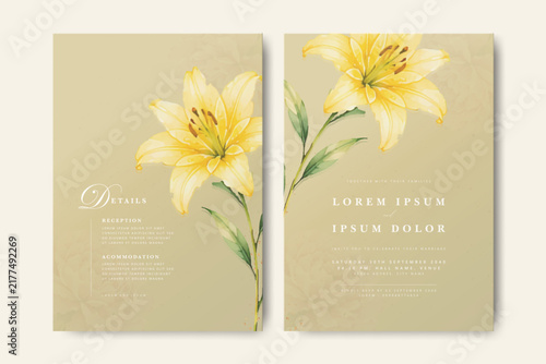 vintage wedding invitation card with lily flower watercolor