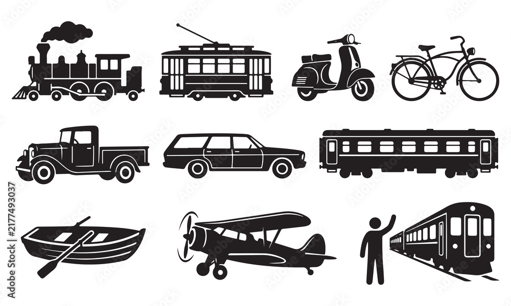 Obraz premium Transportation set featuring a steam locomotive, streetcar, motor scooter, bicycle, pickup truck, station wagon, passenger train, rowboat, biplane, and a person waving at a train