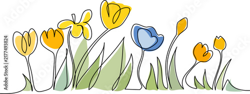Simple continuous one line drawing of wildflowers with leaves in field, minimalistic floral design
