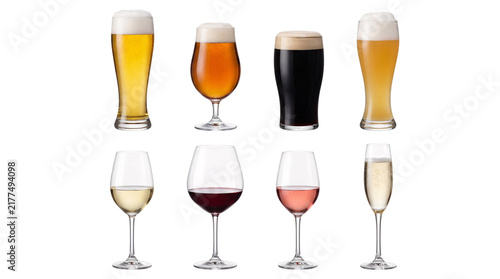 Obraz na płótnie Assortment of eight glasses filled with png on isolated transparent background
