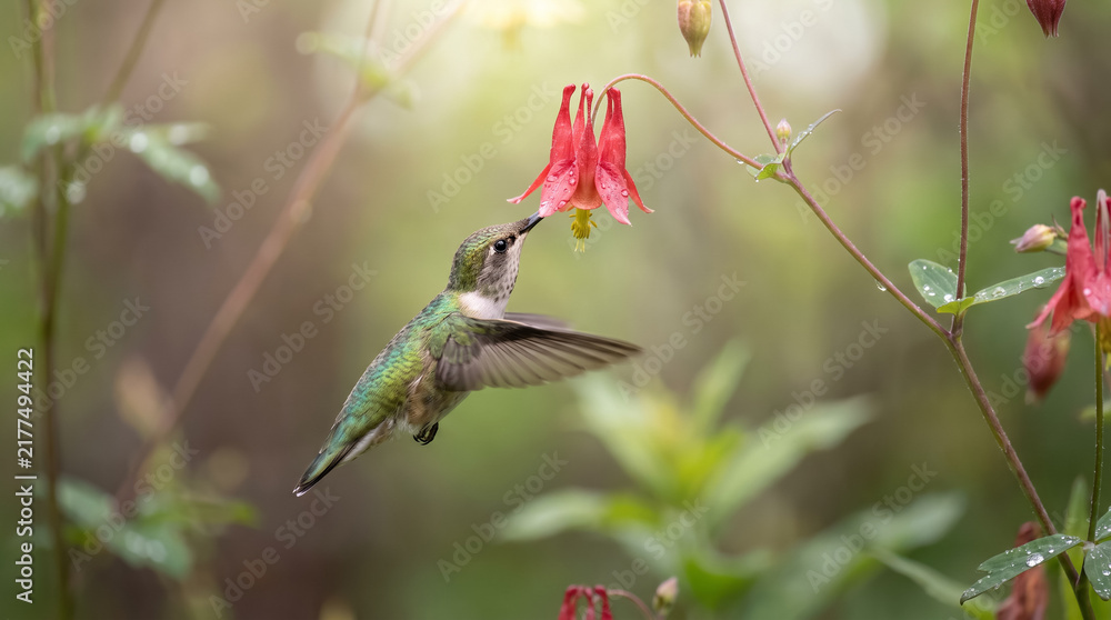 Obraz premium Tiny hummingbird hovering in mid air feeding on wild red columbine flower nectar in garden. Concept of eating, wildlife photography, bird in flight, tiny bird. Copy space.