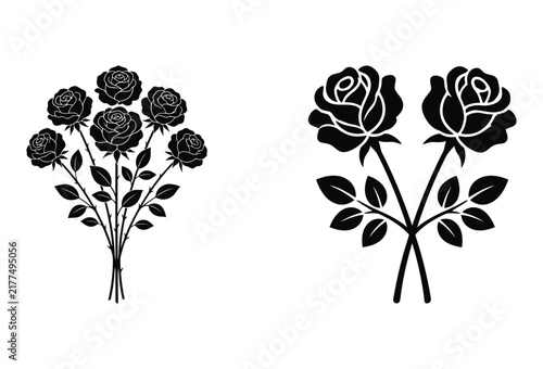 Set of black silhouette rose flower bouquets and floral stems isolated on white background for decorative graphic design projects