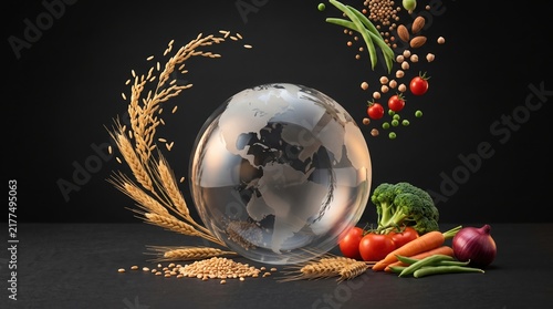 Glass globe surrounded by fresh vegetables