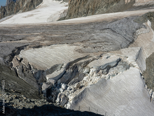 Amazing landscape to the glaciers of the Mont Blanc during summer time. Melting of glaciers due to global warming. Glacier crevasses. Global climate change. Italian and France alps