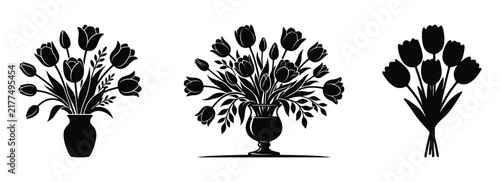 Black silhouette collection of tulip flower bouquets in vases and held in hand isolated on a clean white background