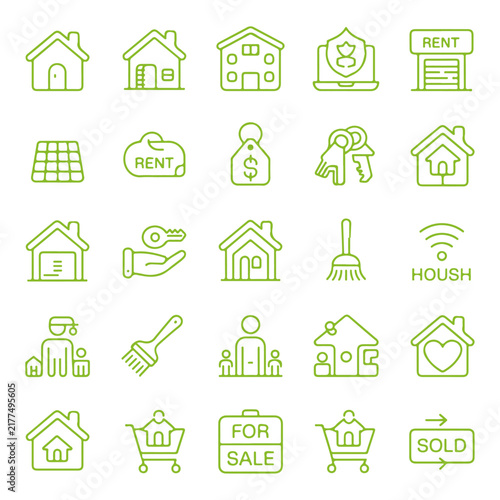 Home real estate property mortgage and smart house line icons.