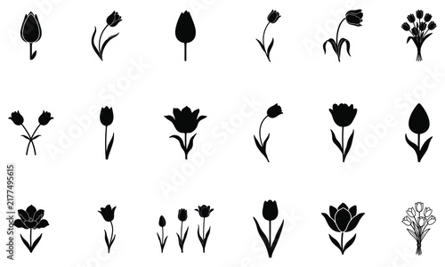 Set of black silhouette tulip flowers in various poses isolated on white background for garden design projects