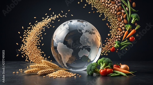 Glass globe surrounded by flying grains nuts