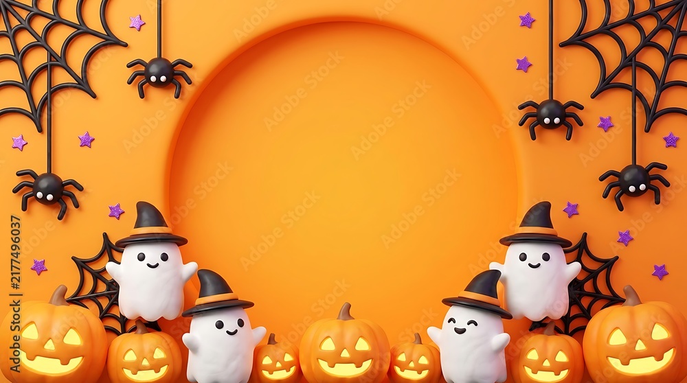 Fototapeta premium Halloween background with cute ghosts, pumpkins, and spiders