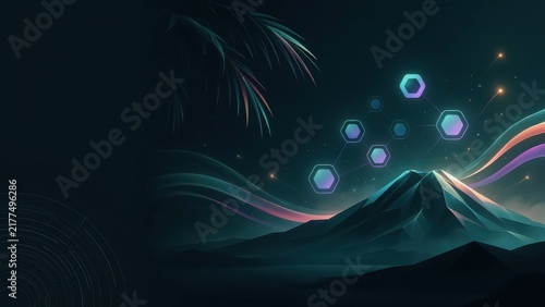 Futuristic mountain landscape featuring an intricate glowing network of hexagonal data connections amidst flowing light streams and starlight