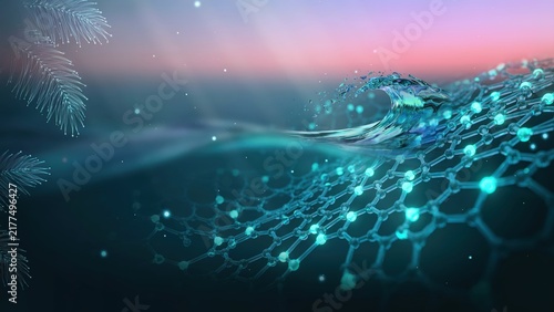 Futuristic ocean wave breaking over a glowing molecular grid structure at sunset with abstract palm