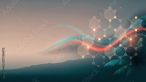 Futuristic scientific network of glowing hexagons with vibrant energy streams on a hazy tropical vista