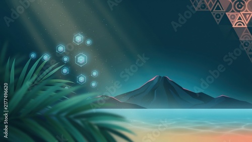 Futuristic Tropical Landscape with Glowing Hexagonal Network and Distant Volcano at Sunset