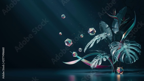 Futuristic tropical leaves with glowing circuits and iridescent geometric shapes on a dark