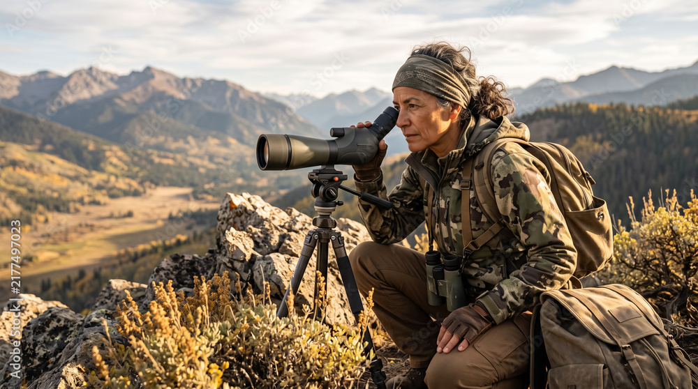 Fototapeta premium Female Hunter Watching Wildlife Through Spotting Scope on Mountain Ridge Peak. Concept of wild, optics, scouting, nature observation. Copy space.