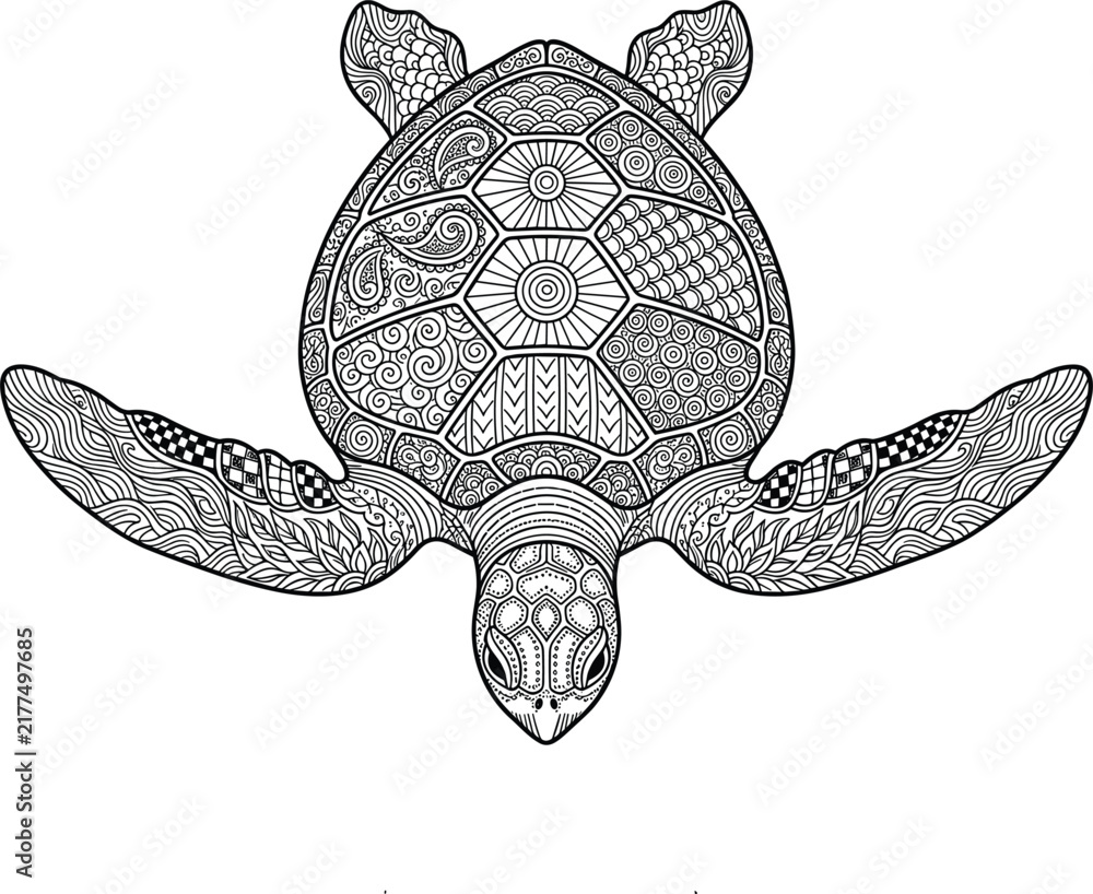 Fototapeta premium Detailed Sea Turtle Coloring Page Vector with Intricate Zentangle Shell Patterns and Oceanic Geometric Mandala Elements for Adult Stress Relief Hobby Book Designs