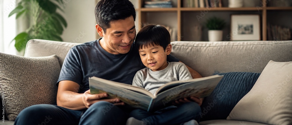 Fototapeta premium Father and son bonding over a picture book while relaxing on a comfortable sofa in their cozy home