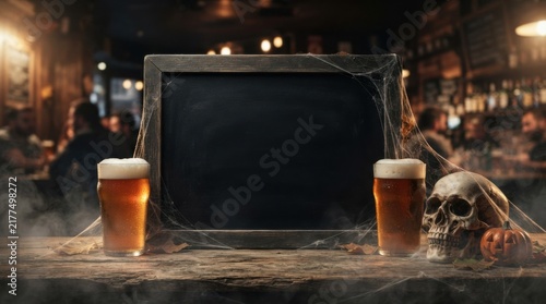 Two Pints of Beer with Skull and Blank Chalkboard Background