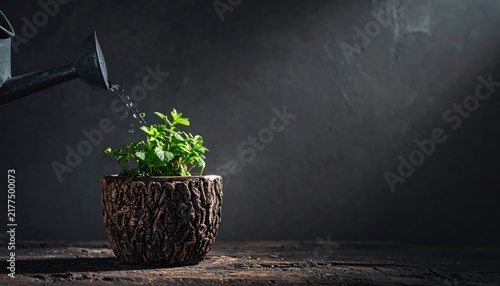 A small green plant being watered from a metal watering can in a rustic wooden pot.