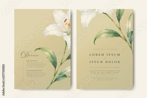 vintage wedding invitation card with lily flower watercolor
